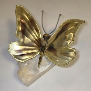 Vintage Gold Metal Butterfly Sculpture On Natural Stone Paperweight MCM Decor